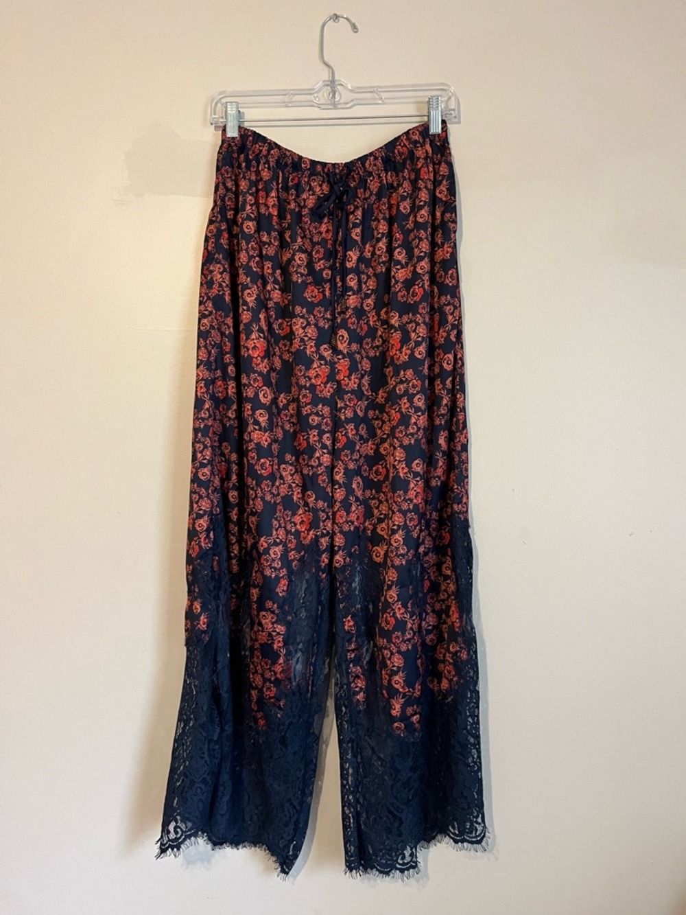 Free People Navy Floral Wide-Leg Lace Trim Pants